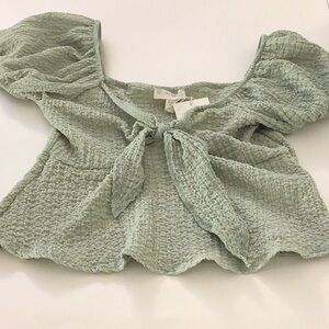 See You Monday Sage Puff Short Sleeve Crop Blouse Bow